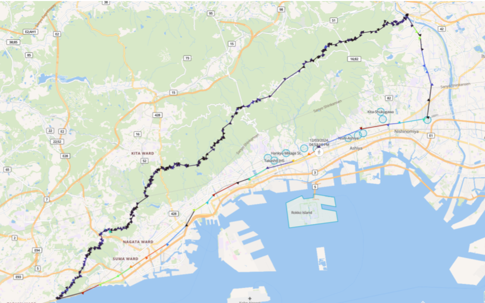 GPS track of the full Akashi to Takarazuka route along the Rokko Mountains